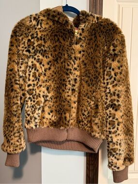Vintage Y2K Urban Outfitters LUX Leopard Faux Fur Hooded Jacket Bomber